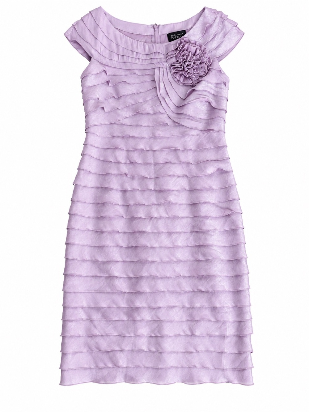 Adrianna Papell Lavender Tiered Ruffle Rosette Sheath Dress Size 8 NWT